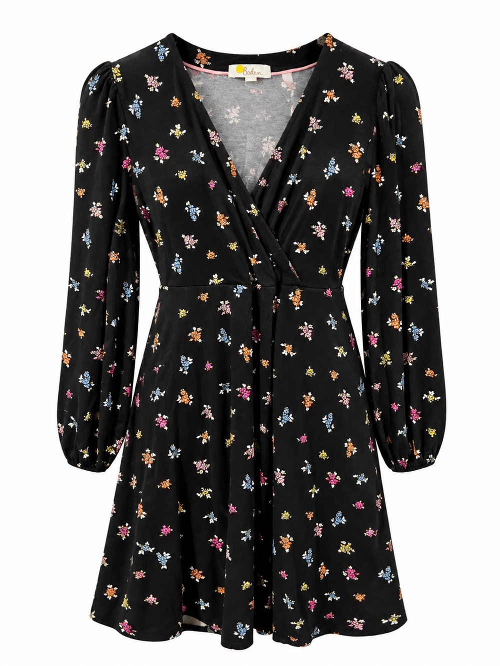 Boden Floral Wrap V-Neck Long Sleeve Dress Black Petite 6P